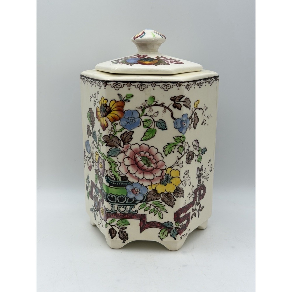 Masons‎ Ironstone Nabob Hexagon Tea Caddy Canister Jar England Floral Lid